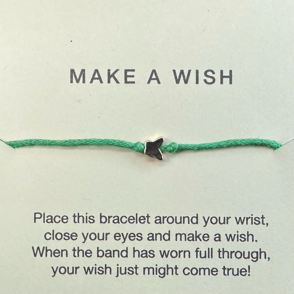 14k Gold Butterfly Charm Make A Wish Bracelet Green Adjustable Band NWT